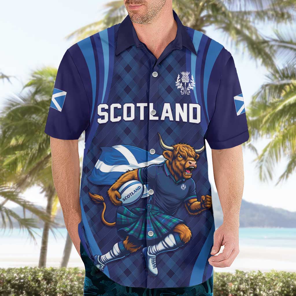 Custom Rugby Scotland Hawaiian Shirt Highland Cow Mascot Go Scottish