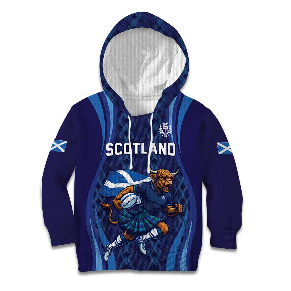Custom Rugby Scotland Kid Hoodie Highland Cow Mascot Go Scottish