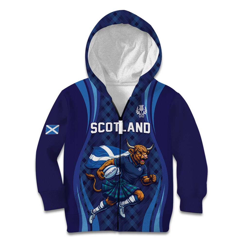 Custom Rugby Scotland Kid Hoodie Highland Cow Mascot Go Scottish