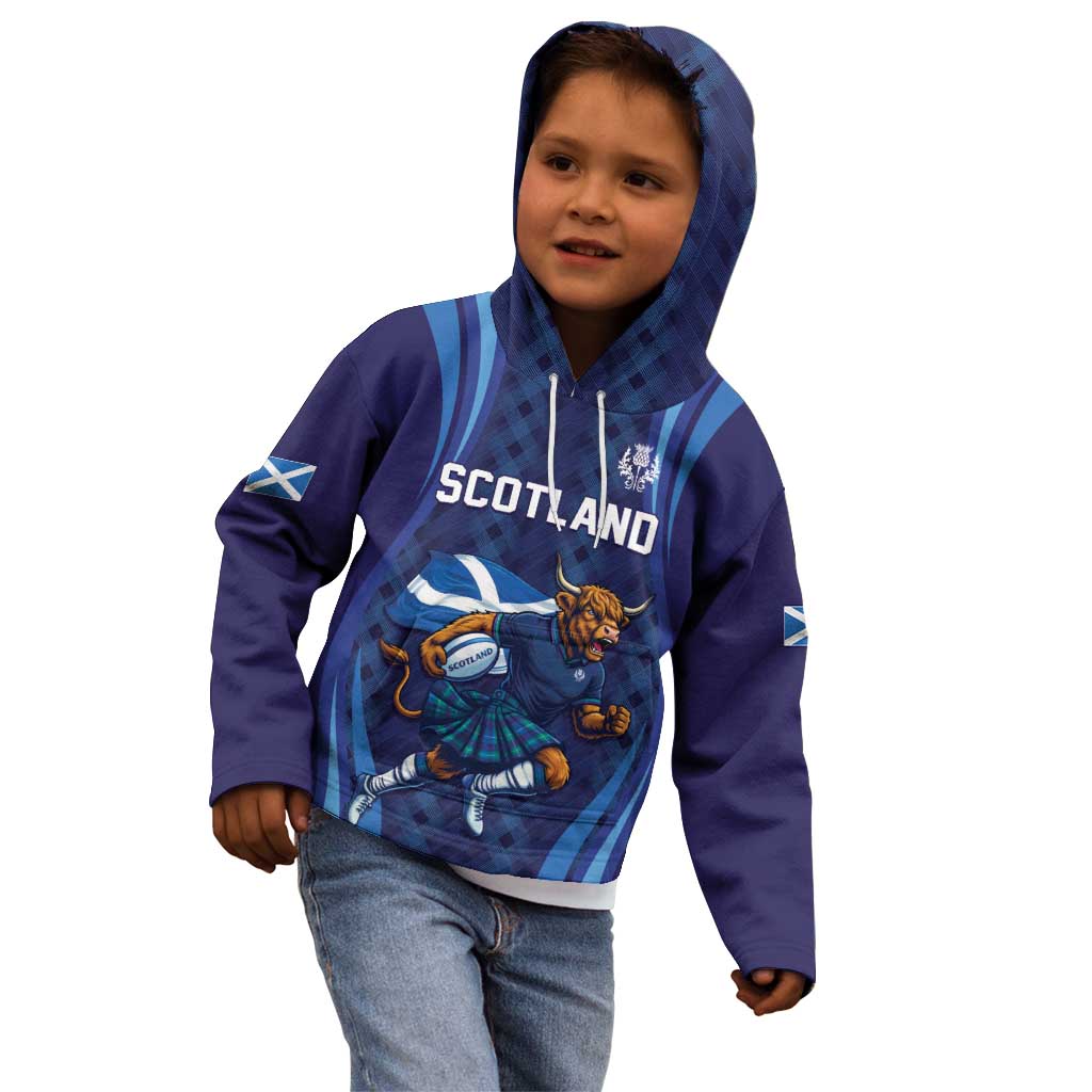 Custom Rugby Scotland Kid Hoodie Highland Cow Mascot Go Scottish