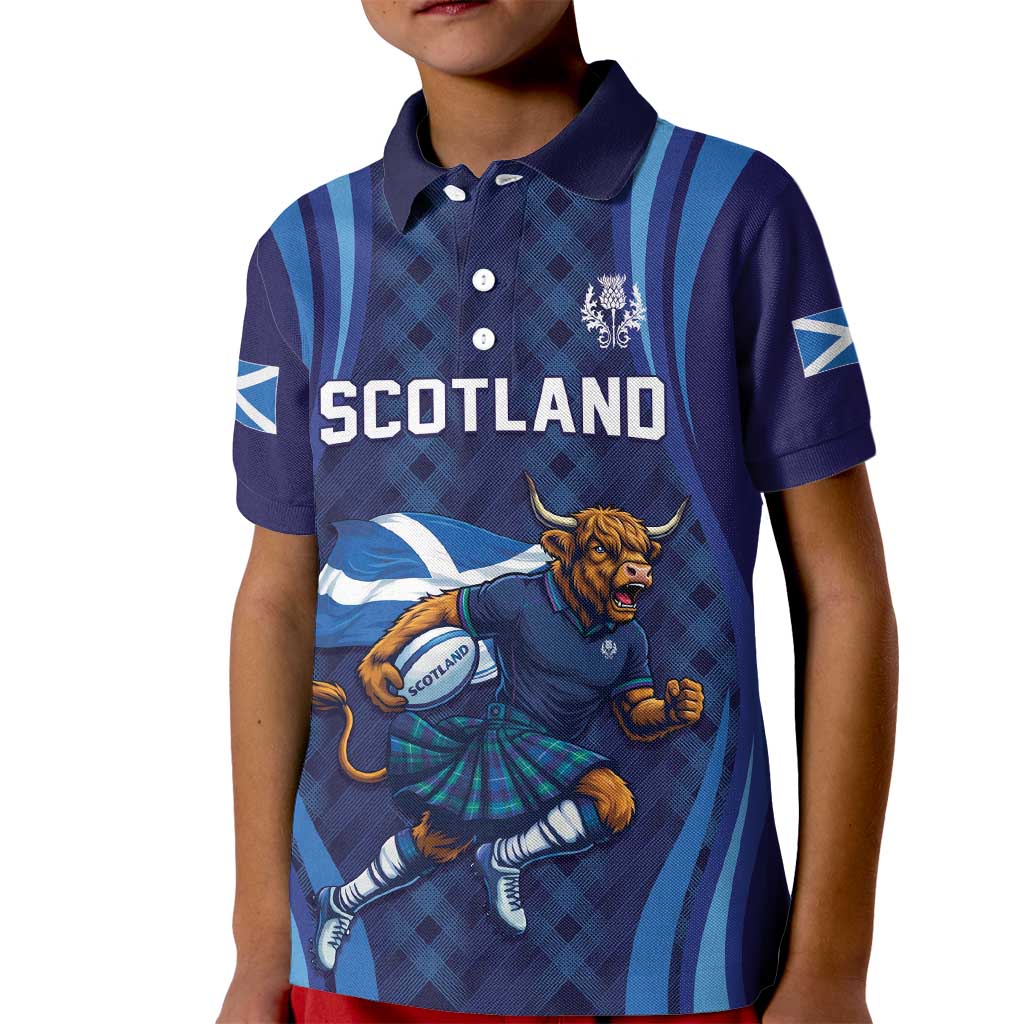 Custom Rugby Scotland Kid Polo Shirt Highland Cow Mascot Go Scottish