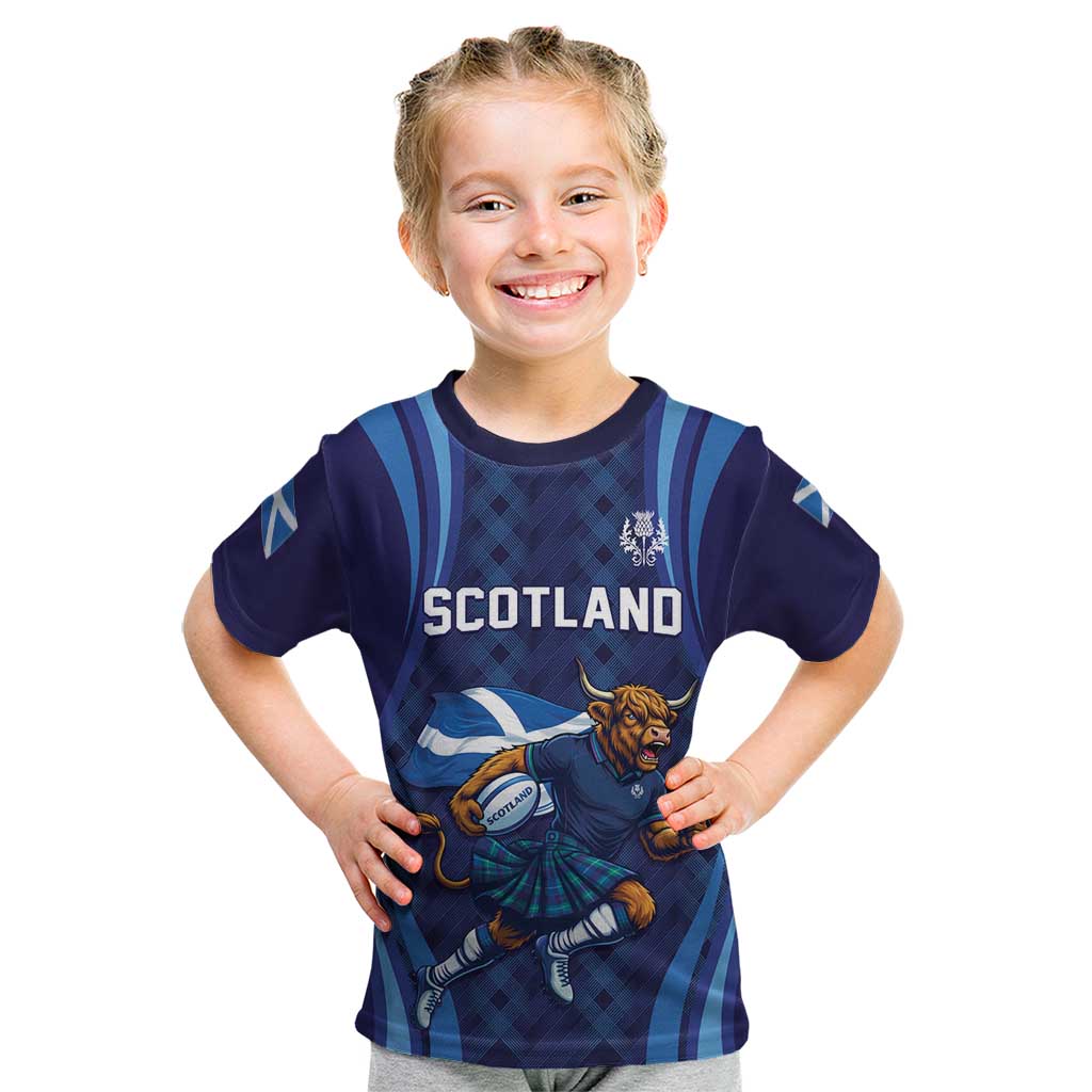 Custom Rugby Scotland Kid T Shirt Highland Cow Mascot Go Scottish