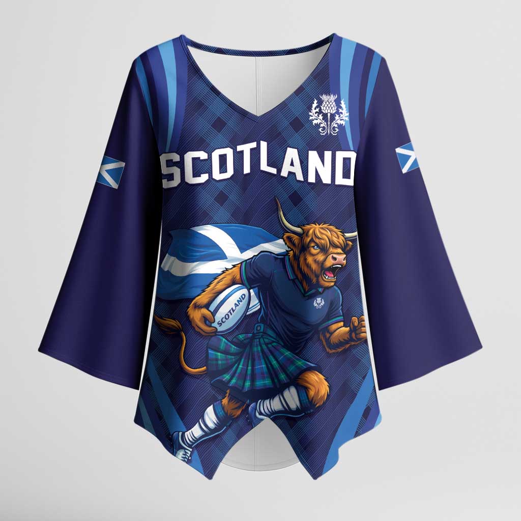 Custom Rugby Scotland Kimono Sleeve Blouse Highland Cow Mascot Go Scottish