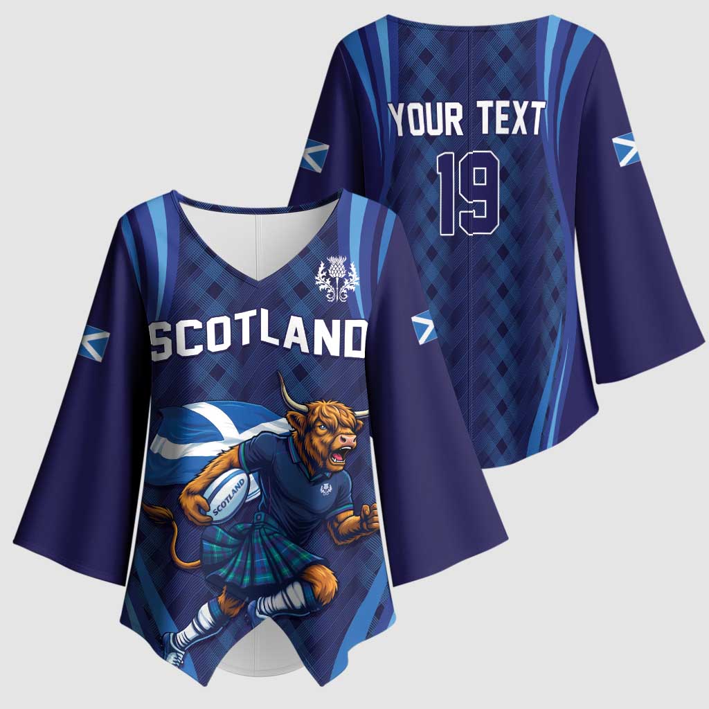 Custom Rugby Scotland Kimono Sleeve Blouse Highland Cow Mascot Go Scottish