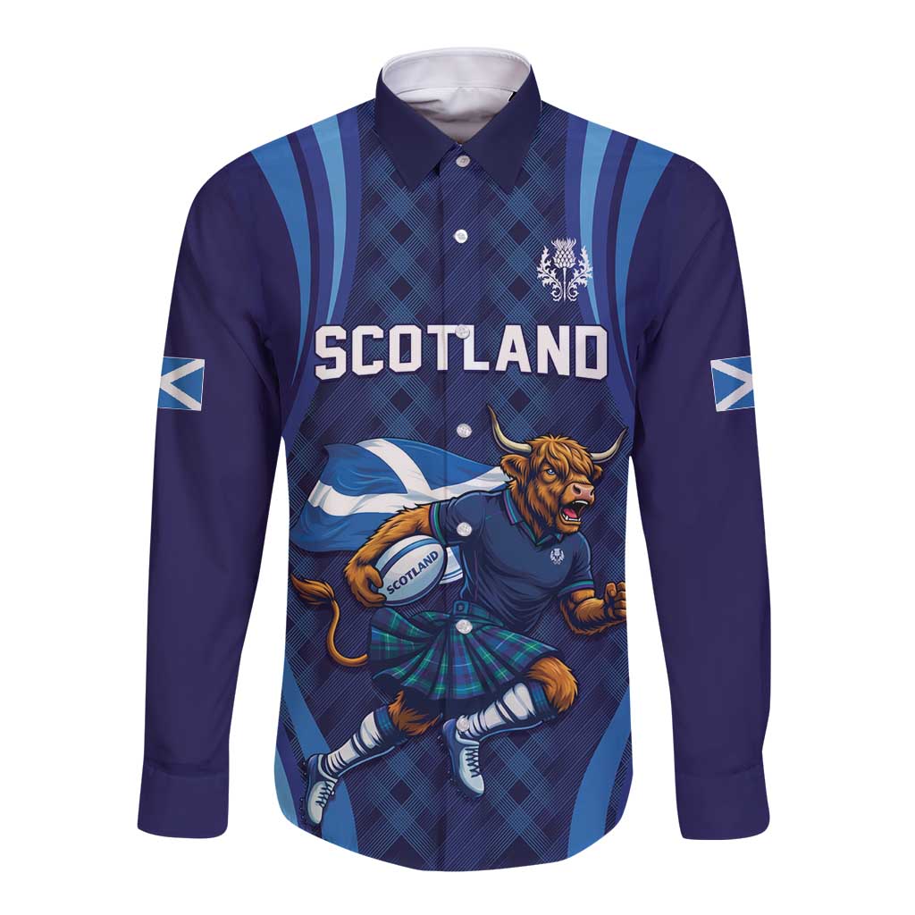 Custom Rugby Scotland Long Sleeve Button Shirt Highland Cow Mascot Go Scottish
