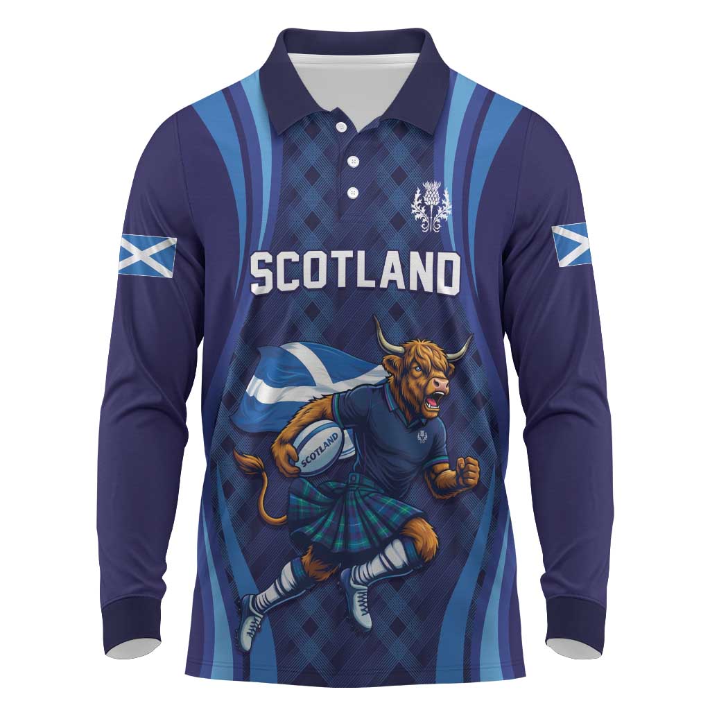 Custom Rugby Scotland Long Sleeve Polo Shirt Highland Cow Mascot Go Scottish