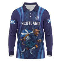 Custom Rugby Scotland Long Sleeve Polo Shirt Highland Cow Mascot Go Scottish