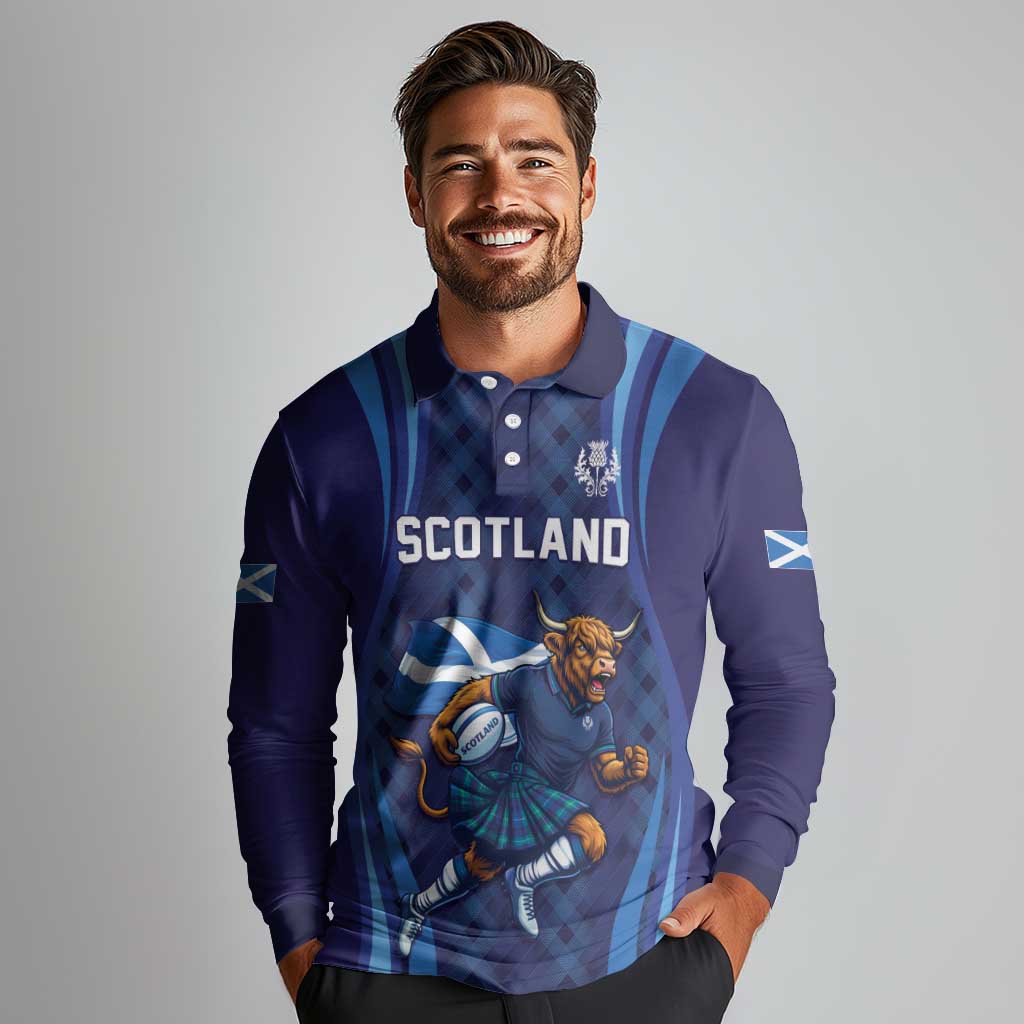 Custom Rugby Scotland Long Sleeve Polo Shirt Highland Cow Mascot Go Scottish