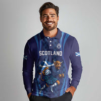 Custom Rugby Scotland Long Sleeve Polo Shirt Highland Cow Mascot Go Scottish
