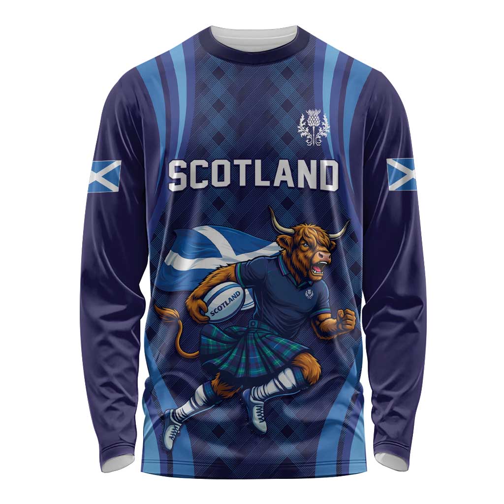 Custom Rugby Scotland Long Sleeve Shirt Highland Cow Mascot Go Scottish