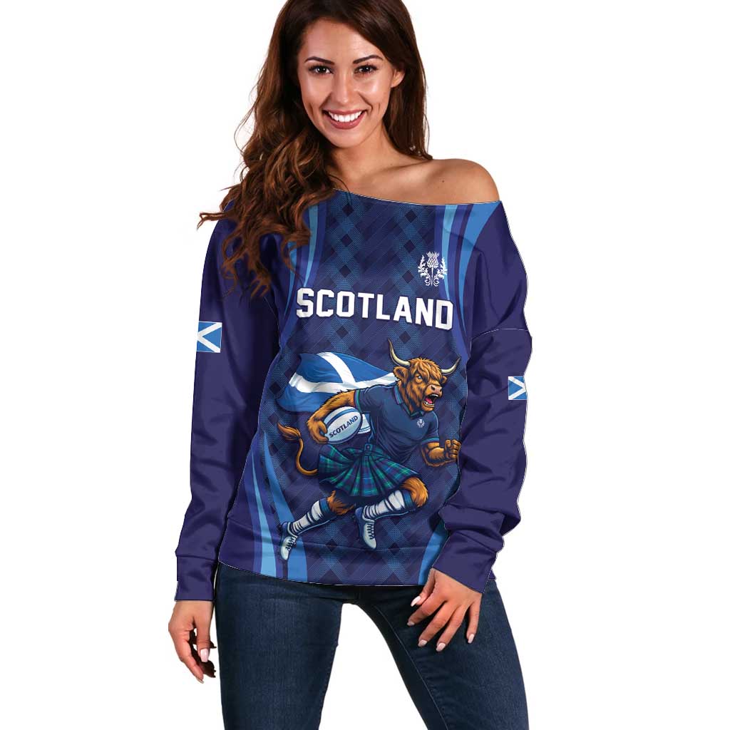 Custom Rugby Scotland Off Shoulder Sweater Highland Cow Mascot Go Scottish