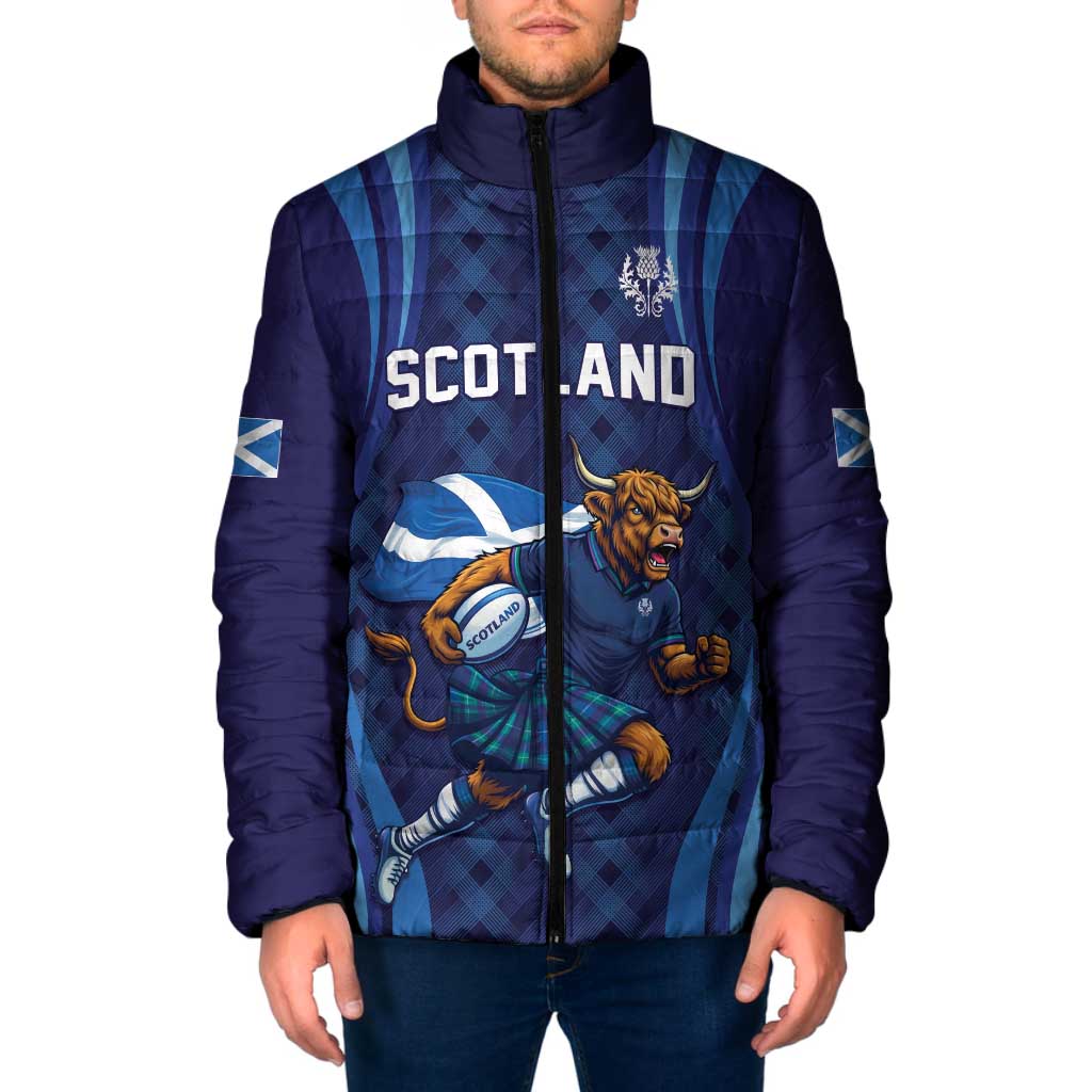 Custom Rugby Scotland Padded Jacket Highland Cow Mascot Go Scottish