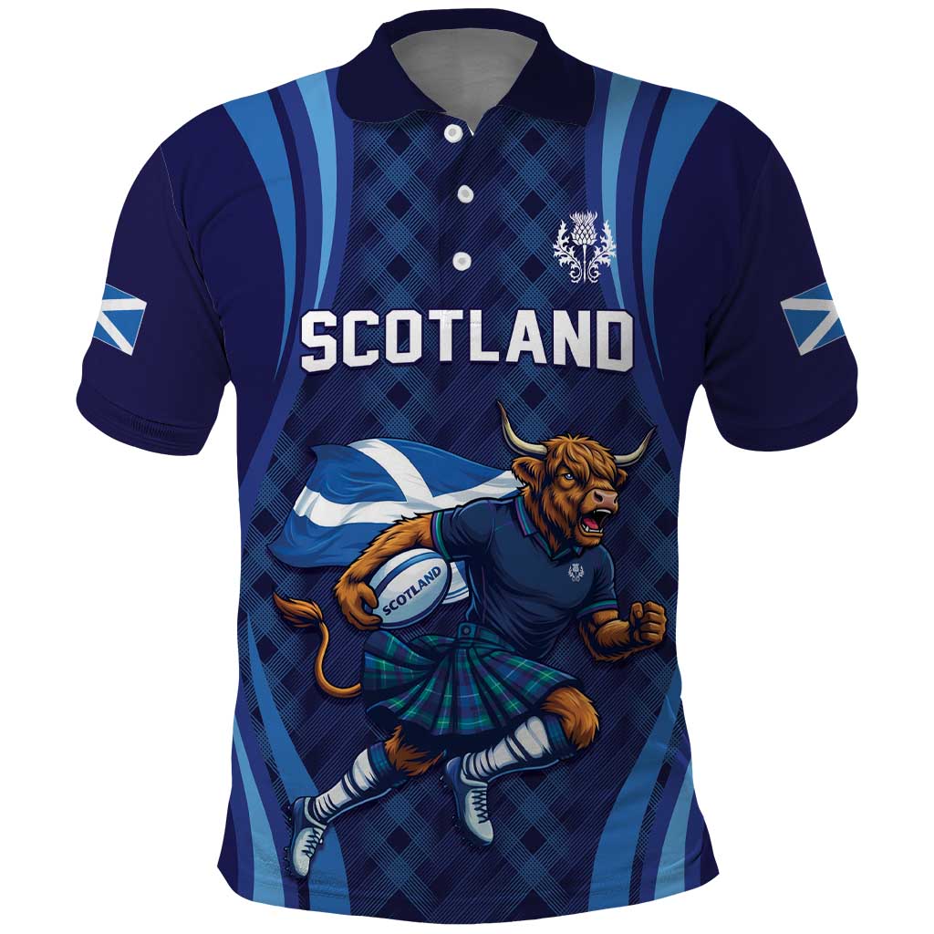 Custom Rugby Scotland Polo Shirt Highland Cow Mascot Go Scottish