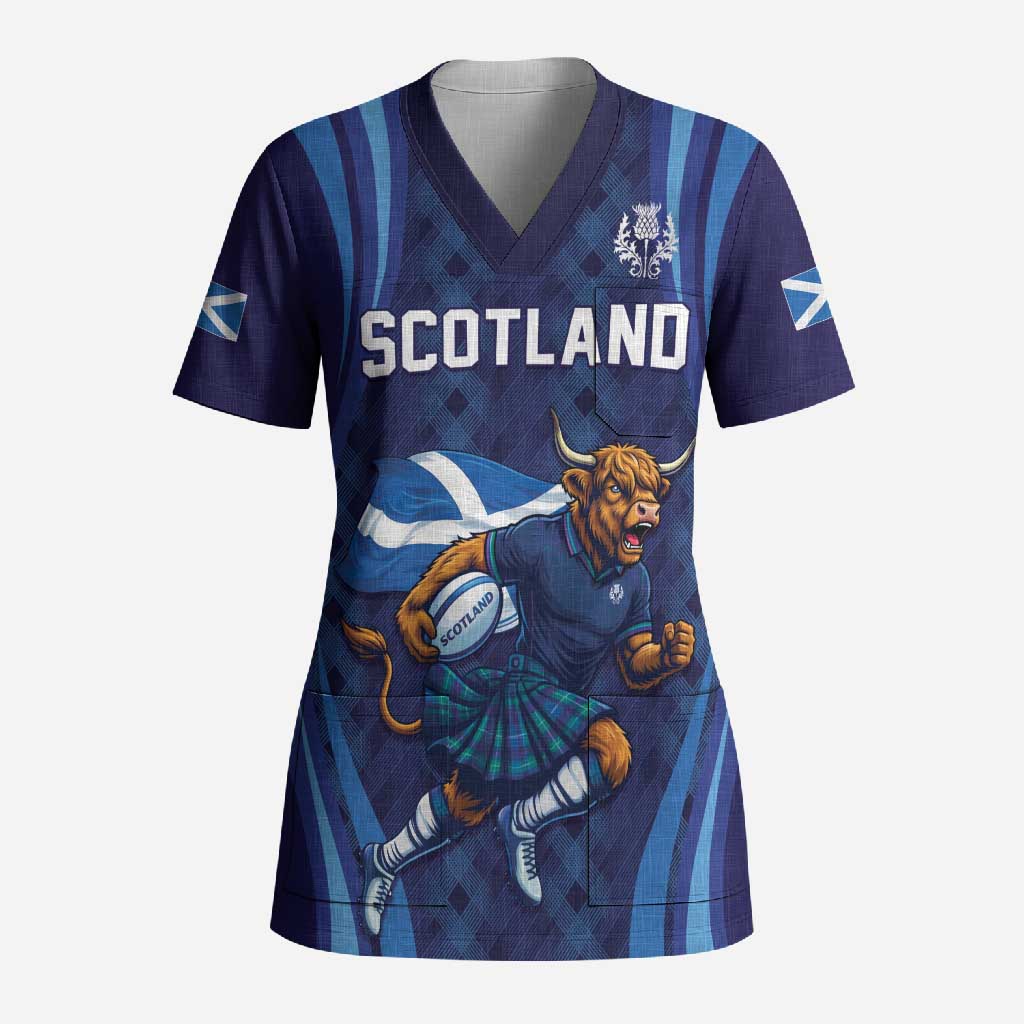 Custom Rugby Scotland Scrub Top Highland Cow Mascot Go Scottish