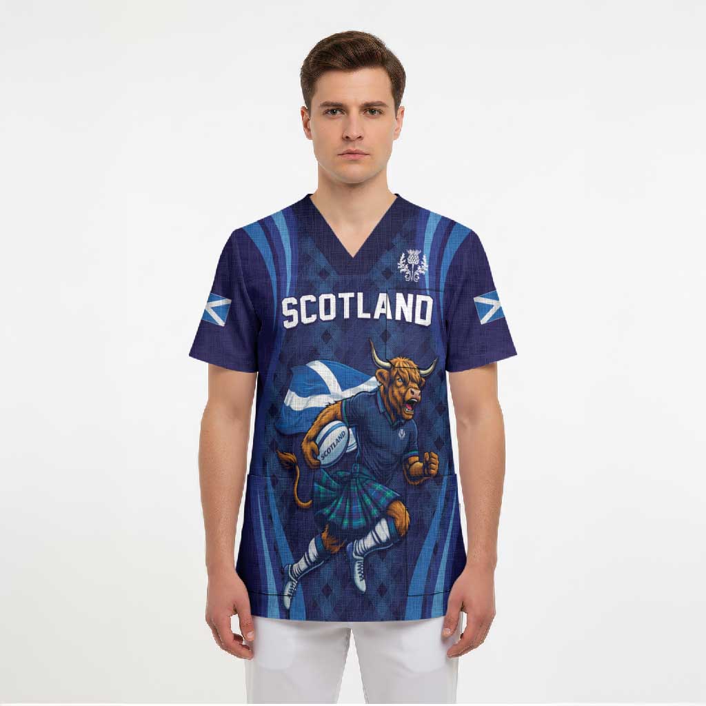 Custom Rugby Scotland Scrub Top Highland Cow Mascot Go Scottish