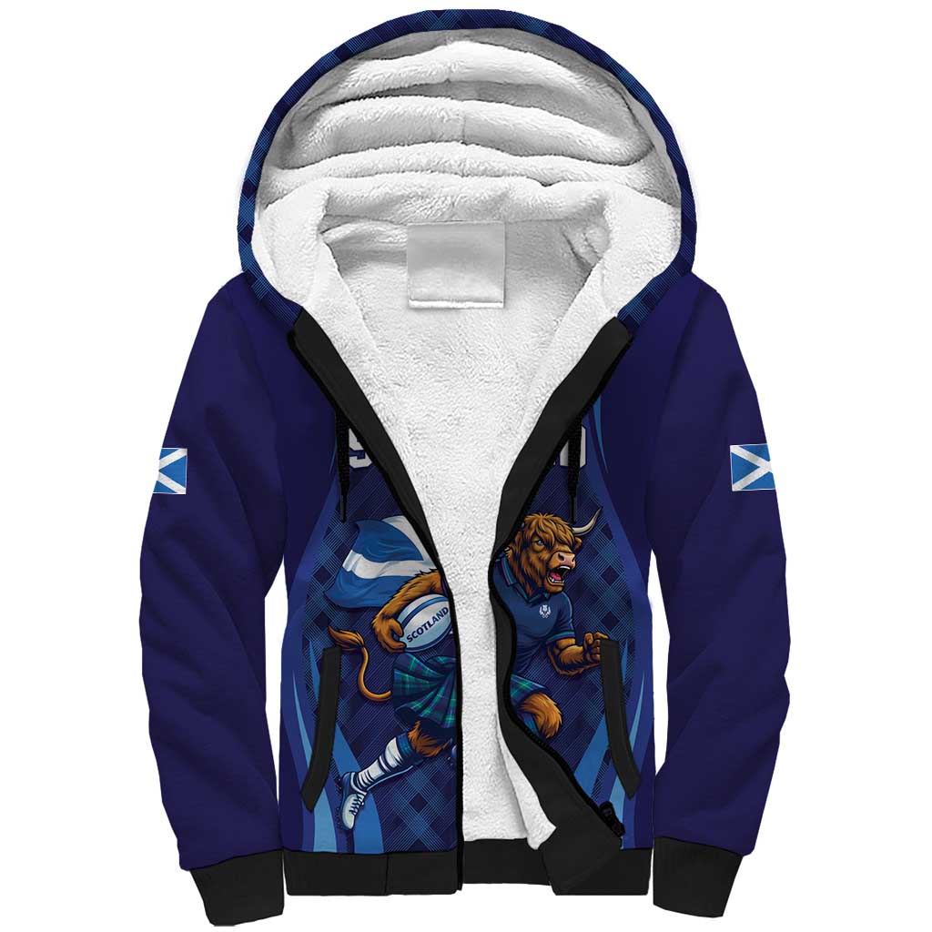 Custom Rugby Scotland Sherpa Hoodie Highland Cow Mascot Go Scottish