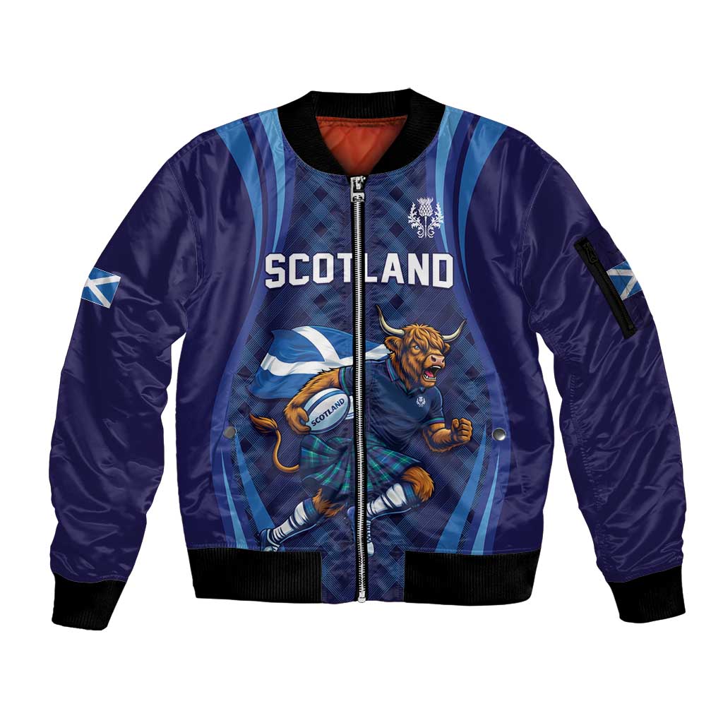 Custom Rugby Scotland Sleeve Zip Bomber Jacket Highland Cow Mascot Go Scottish