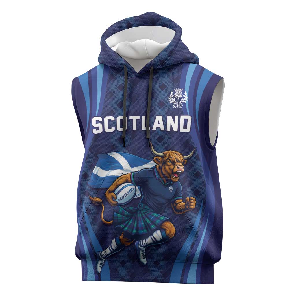 Custom Rugby Scotland Sleeveless Hoodie Highland Cow Mascot Go Scottish