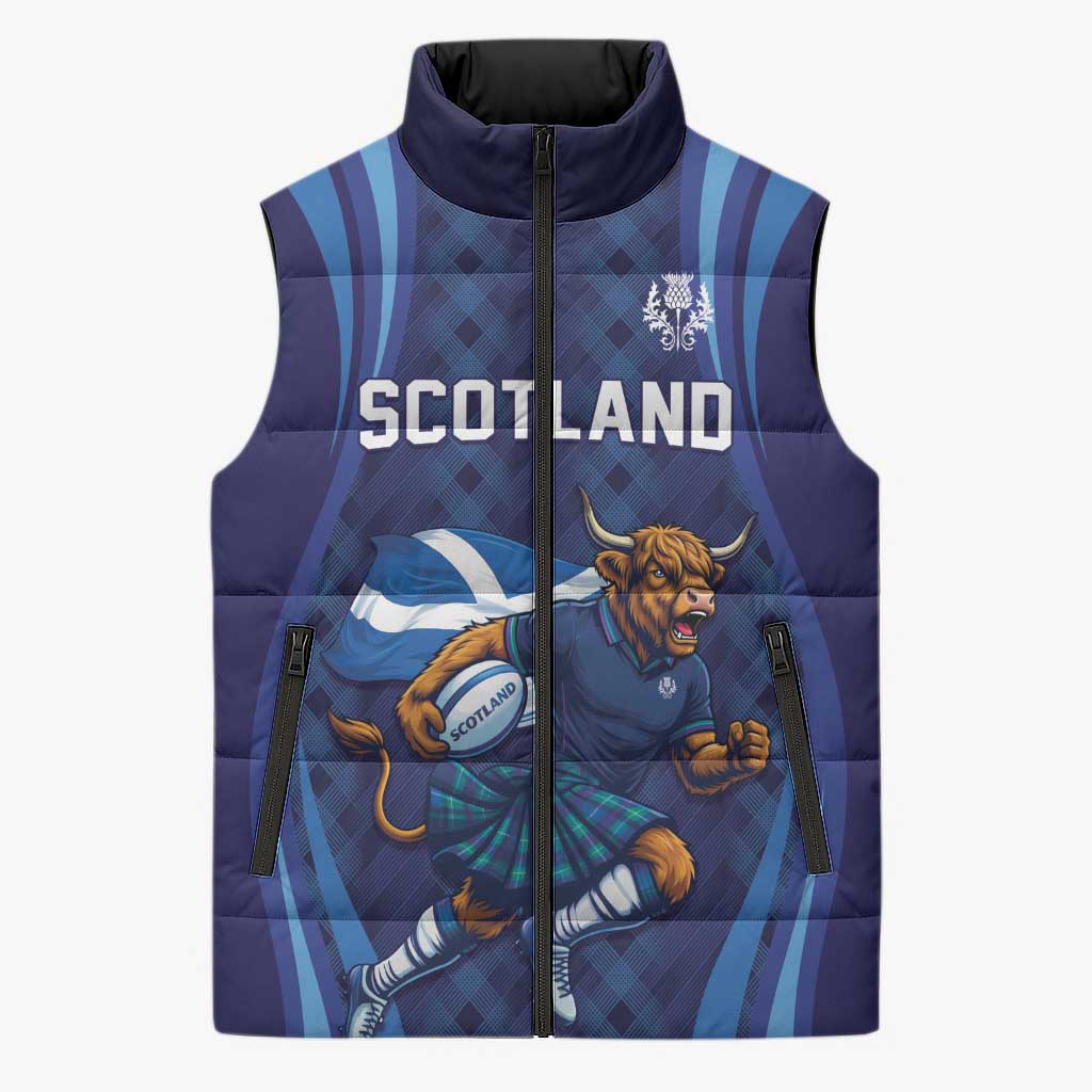 Custom Rugby Scotland Sleeveless Puffer Jacket Highland Cow Mascot Go Scottish