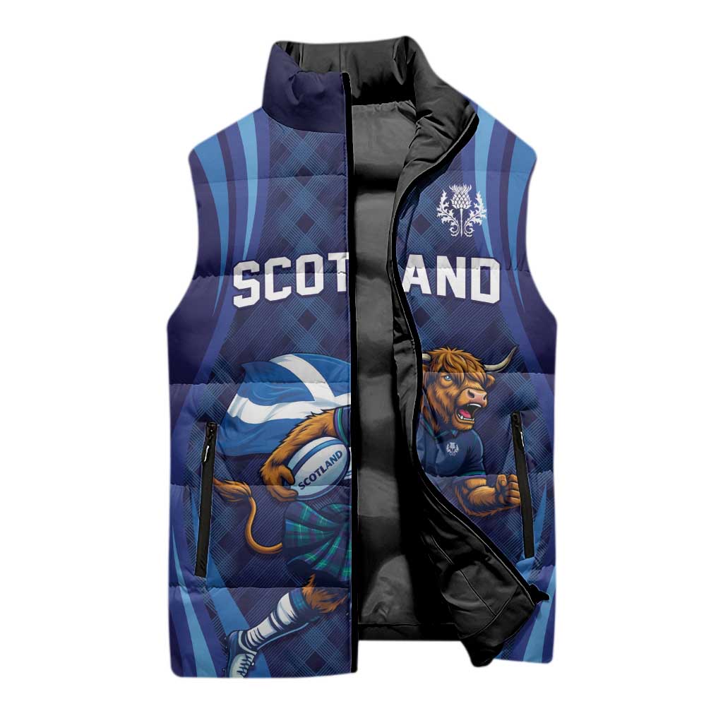 Custom Rugby Scotland Sleeveless Puffer Jacket Highland Cow Mascot Go Scottish