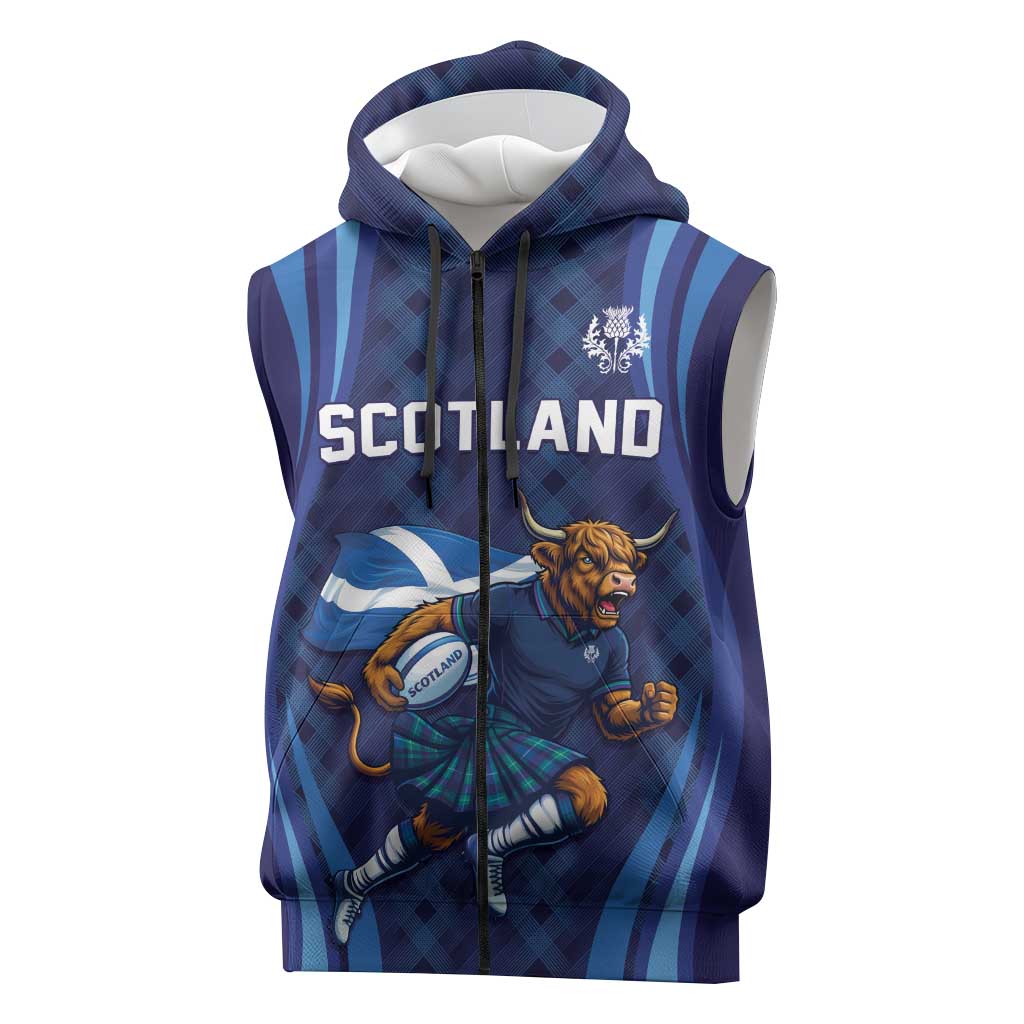 Custom Rugby Scotland Sleeveless Zip Hoodie Highland Cow Mascot Go Scottish