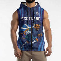 Custom Rugby Scotland Sleeveless Zip Hoodie Highland Cow Mascot Go Scottish