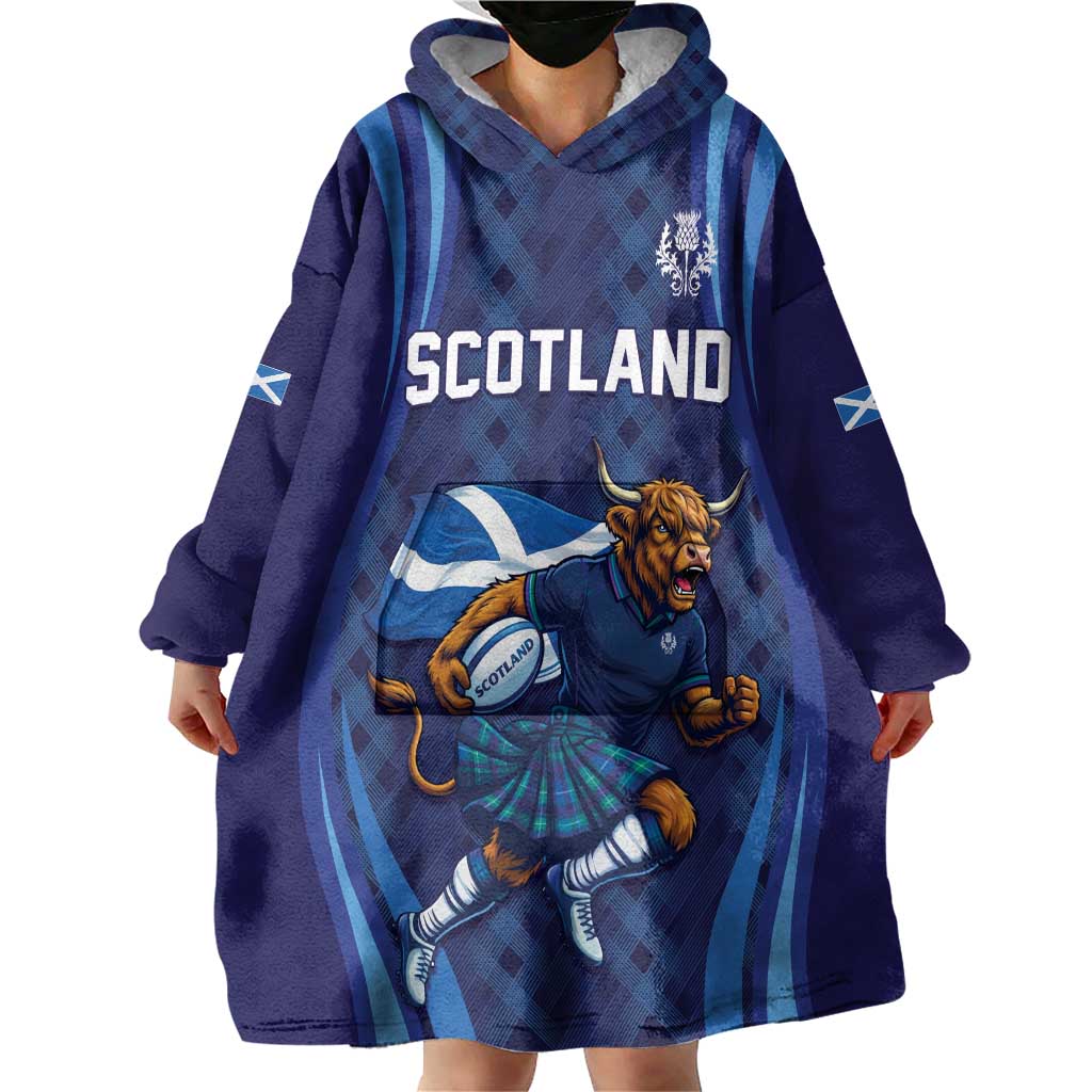 Custom Rugby Scotland Wearable Blanket Hoodie Highland Cow Mascot Go Scottish