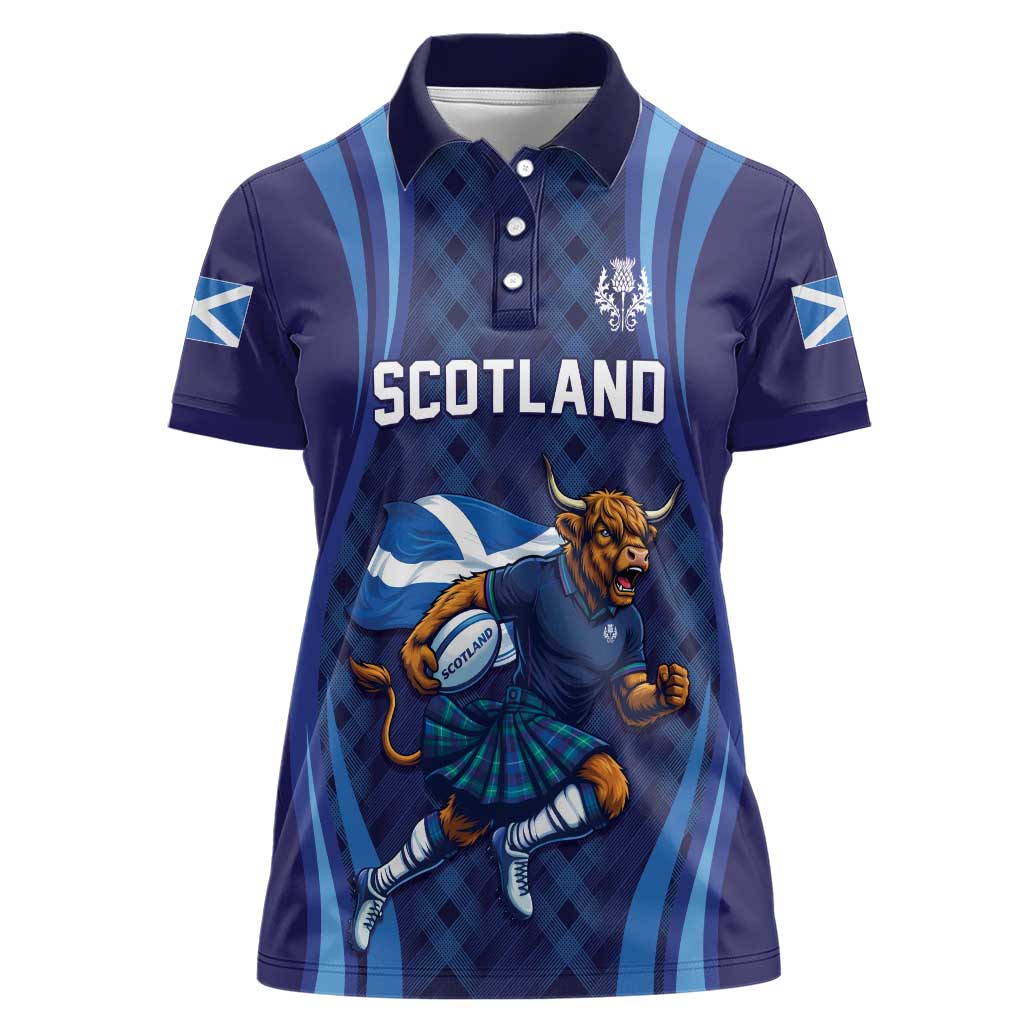 Custom Rugby Scotland Women Polo Shirt Highland Cow Mascot Go Scottish