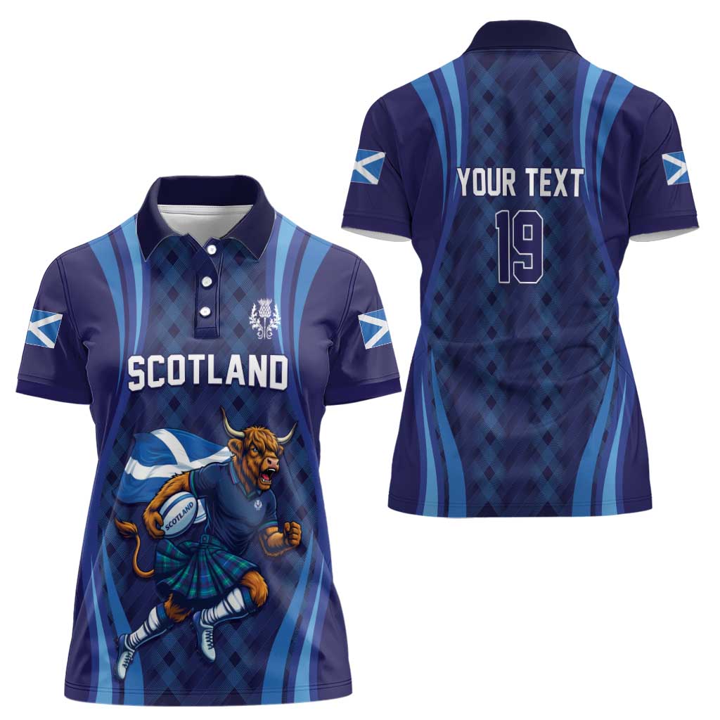 Custom Rugby Scotland Women Polo Shirt Highland Cow Mascot Go Scottish