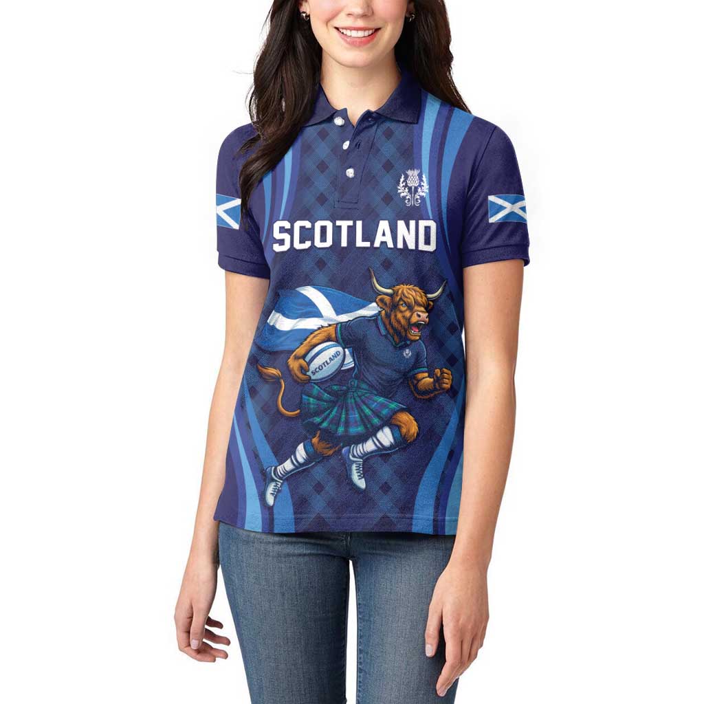 Custom Rugby Scotland Women Polo Shirt Highland Cow Mascot Go Scottish