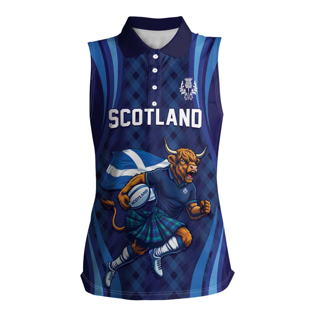 Custom Rugby Scotland Women Sleeveless Polo Shirt Highland Cow Mascot Go Scottish