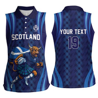 Custom Rugby Scotland Women Sleeveless Polo Shirt Highland Cow Mascot Go Scottish
