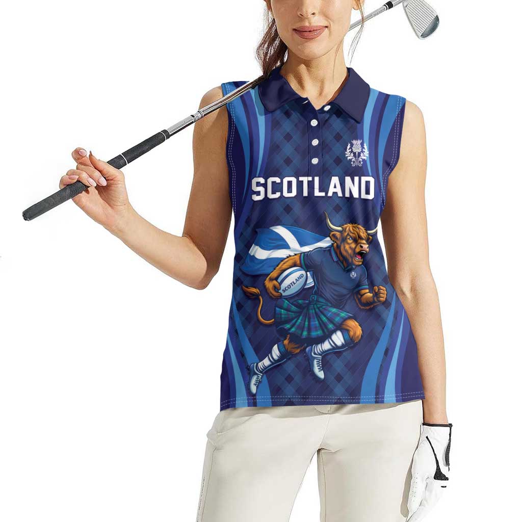 Custom Rugby Scotland Women Sleeveless Polo Shirt Highland Cow Mascot Go Scottish