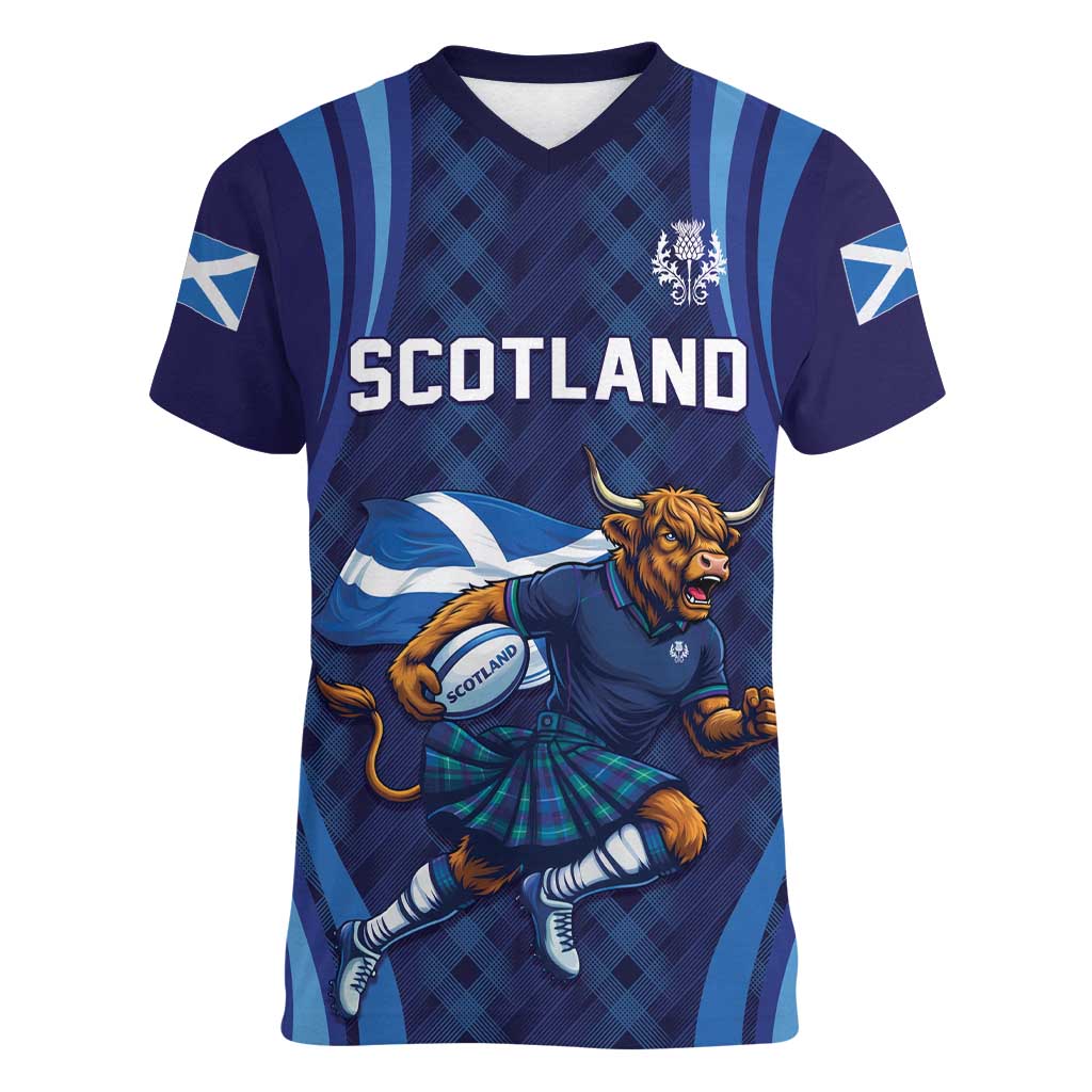 Custom Rugby Scotland Women V-Neck T-Shirt Highland Cow Mascot Go Scottish
