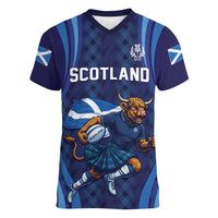 Custom Rugby Scotland Women V-Neck T-Shirt Highland Cow Mascot Go Scottish