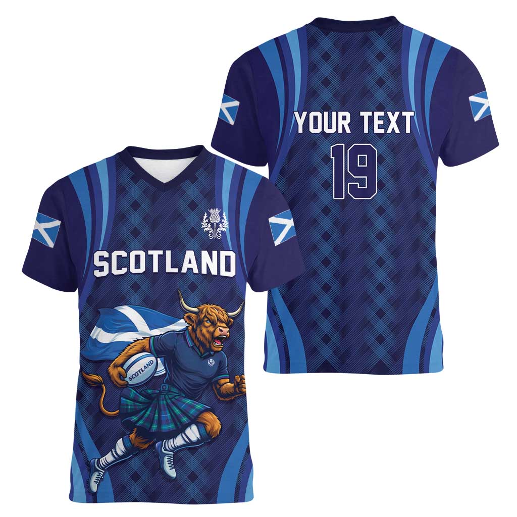 Custom Rugby Scotland Women V-Neck T-Shirt Highland Cow Mascot Go Scottish