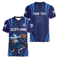 Custom Rugby Scotland Women V-Neck T-Shirt Highland Cow Mascot Go Scottish