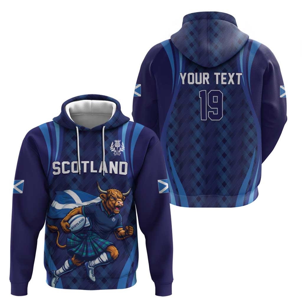 Custom Rugby Scotland Zip Hoodie Highland Cow Mascot Go Scottish