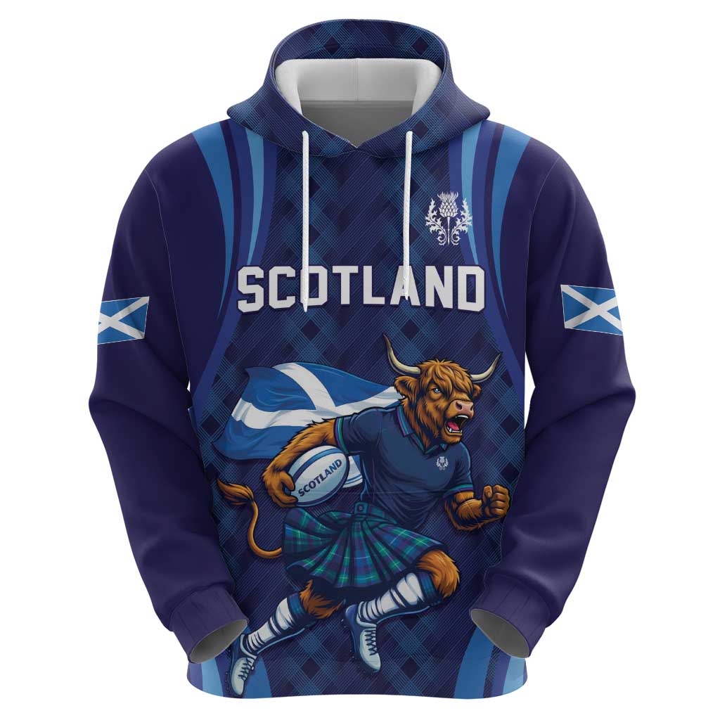 Custom Rugby Scotland Zip Hoodie Highland Cow Mascot Go Scottish
