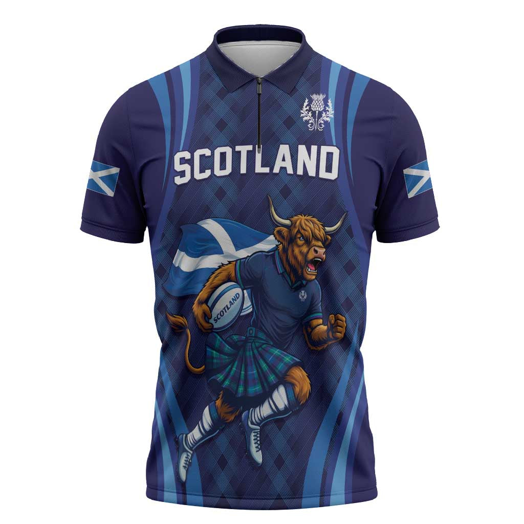 Custom Rugby Scotland Zipper Polo Shirt Highland Cow Mascot Go Scottish