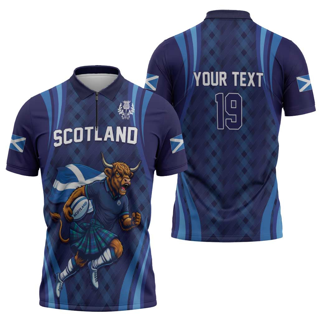 Custom Rugby Scotland Zipper Polo Shirt Highland Cow Mascot Go Scottish