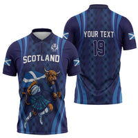 Custom Rugby Scotland Zipper Polo Shirt Highland Cow Mascot Go Scottish
