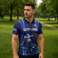 Custom Rugby Scotland Zipper Polo Shirt Highland Cow Mascot Go Scottish