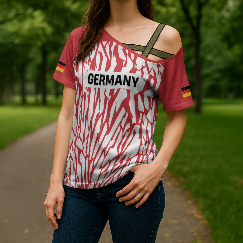 Custom German European Football Champions Cross Shoulder Shirt Abstract Lightning Rot Weiss