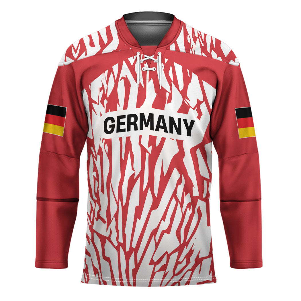 Custom German European Football Champions Hockey Jersey Abstract Lightning Rot Weiss