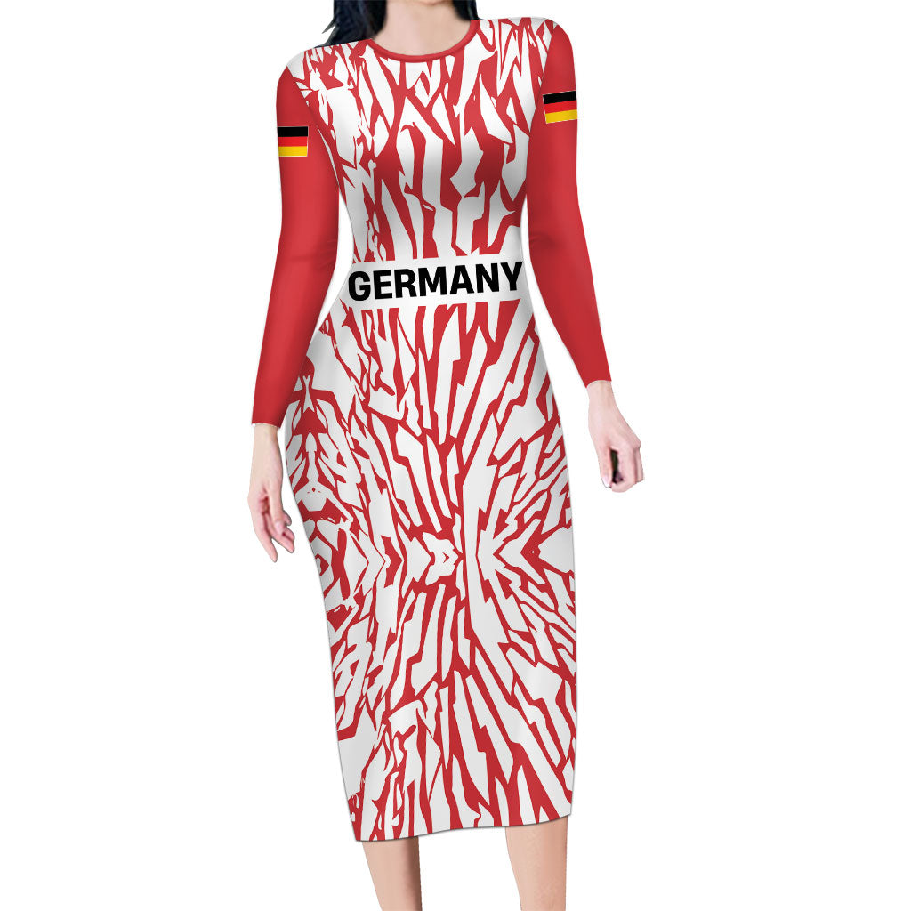 Custom German European Football Champions Long Sleeve Bodycon Dress Abstract Lightning Rot Weiss