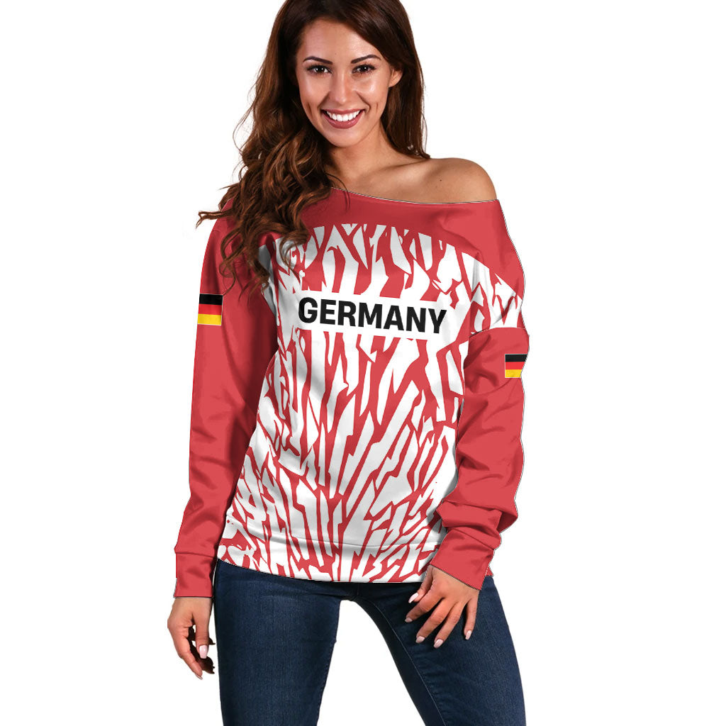 Custom German European Football Champions Off Shoulder Sweater Abstract Lightning Rot Weiss