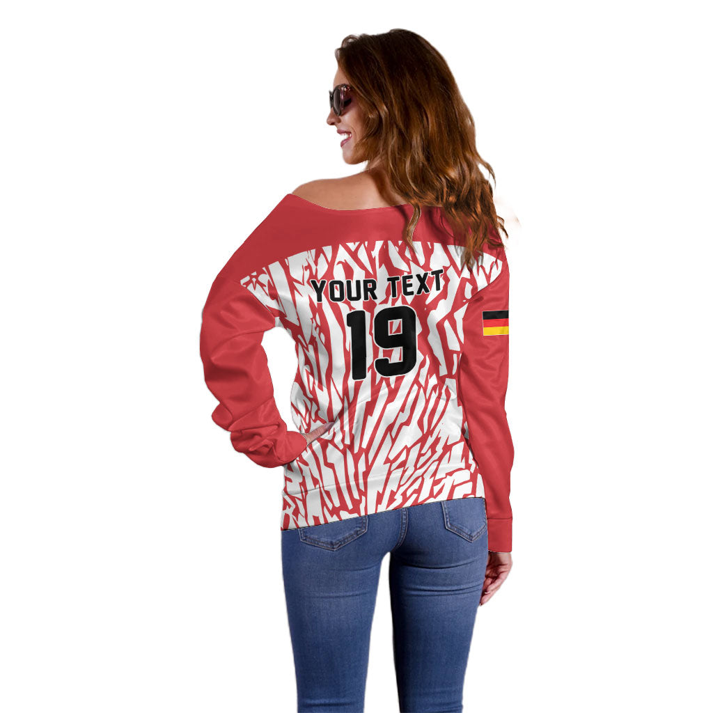 Custom German European Football Champions Off Shoulder Sweater Abstract Lightning Rot Weiss