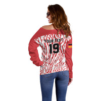 Custom German European Football Champions Off Shoulder Sweater Abstract Lightning Rot Weiss