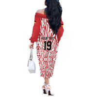 Custom German European Football Champions Off The Shoulder Long Sleeve Dress Abstract Lightning Rot Weiss